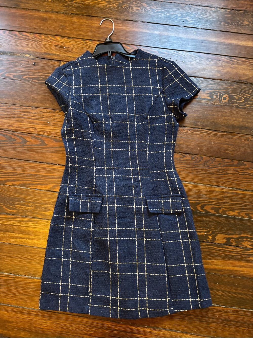 Navy Plaid Short Sleeve Sheath Dress